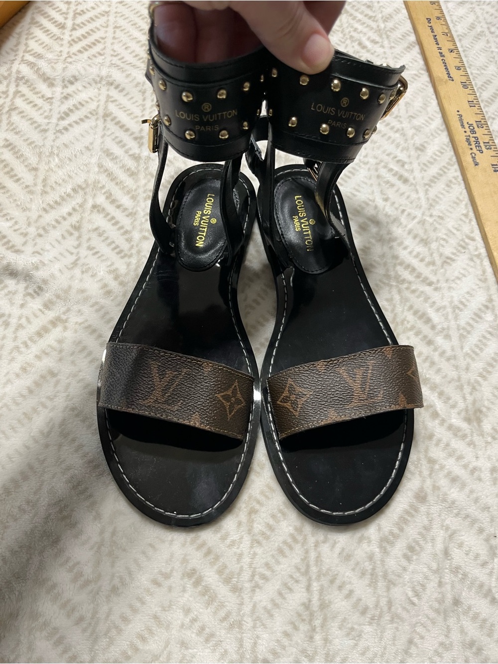 Louis Vuitton Black Leather Sandals with Monogram Brown Strap 10 - Picture 12 of 16